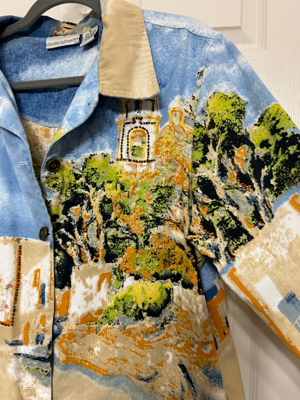 Drapers & Damons Cotton Scenic Button-Up Blazer in Sky Blue Tan Green Orange M - Picture 3 of 13